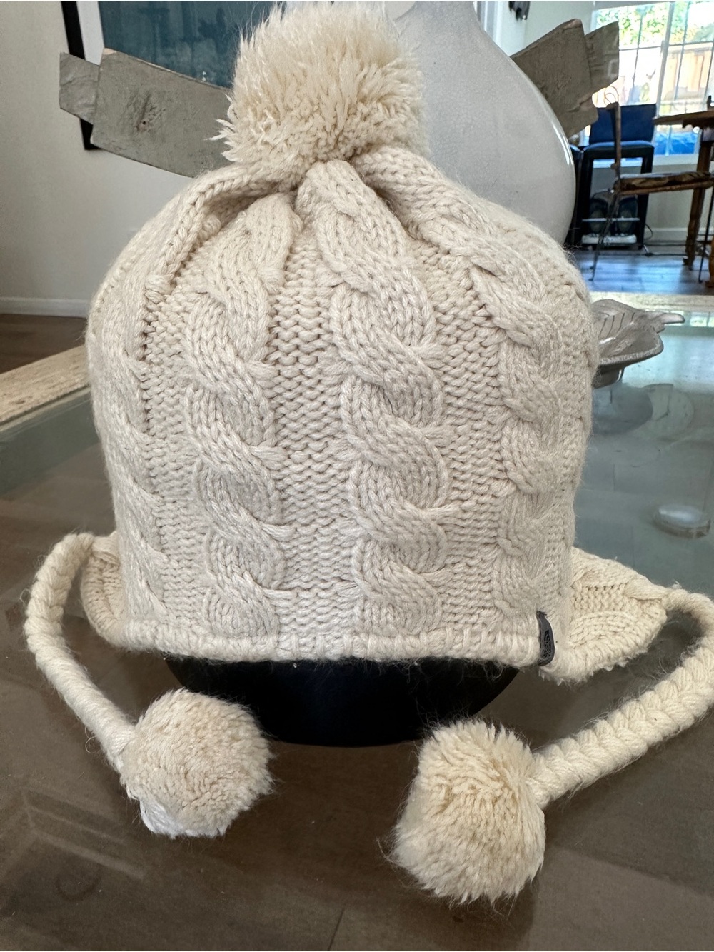 The North Face Cream Cable-Knit Pom Pom Earflap Hat